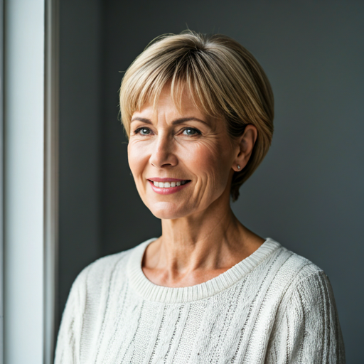 Healthy vibrant woman in her 50s smiling in soft morning light